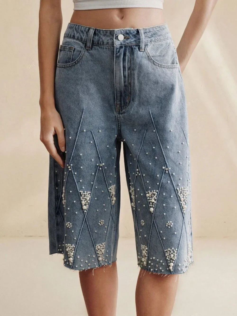 Blue Party Women's Embellished Pearl Decor Straight Leg Jeans